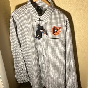 MLB NWT Antigua Mens LS Orioles Button Down Shirt Color Gray/White Size 2XL